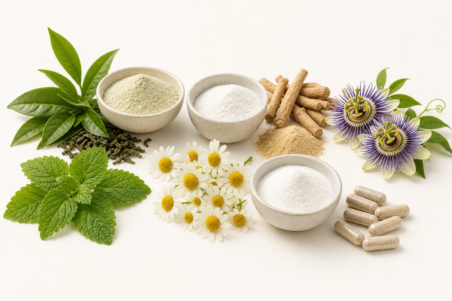 Night Formula ingredients including tea leaves, magnesium glycinate, ashwagandha, passionflower, lemon balm, chamomile, powders, and capsules